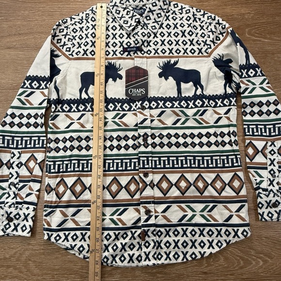 Chaps Men's S Moose Western Aztec Button Down Shirt Oatmeal Cotton Go Untucked - Picture 6 of 12